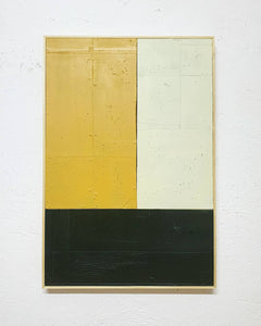 Andrea Balzano, Astratto nero, bianco e giallo, Acrilico, legno e materiali di riciclo,110x72 cm