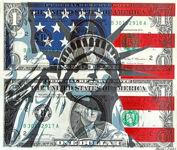 Emi, America Libera, Acrilico e stampa su Dollaro USA - 1$+1$, 15,6x13,2 cm