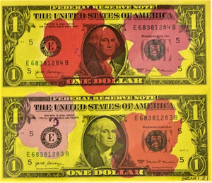 Emi, Andy Orange Flowers FLUO, Acrilico e stampa su Dollaro USA - 1$+1$, 15,6x13,2 cm