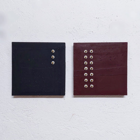 Andrea Balzano, Dittico Blu e rosso, Acrilico e legno riciclato su tela, 36x36 cm CAD