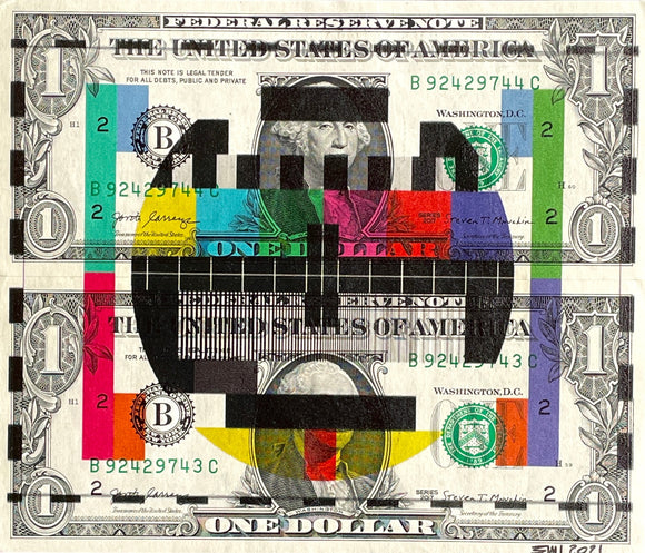Emi, Barre e nota, Acrilico e stampa su Dollaro USA - 1$+1$, 15,6x13,2 cm