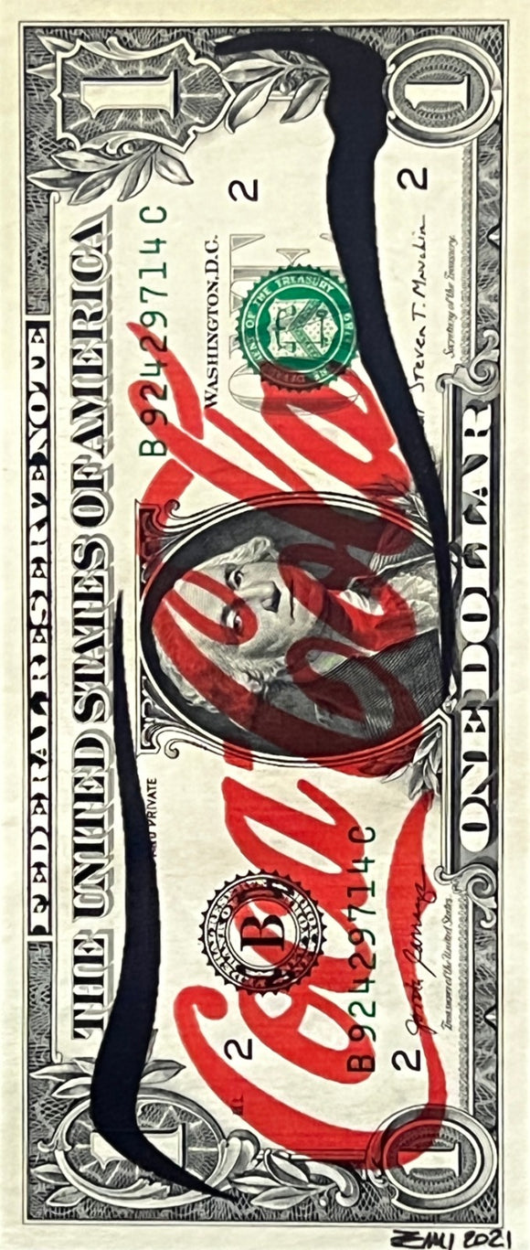 Emi, Coca in Br, Acrilico e stampa su Dollaro USA - 1$, 15,6x4,6 cm