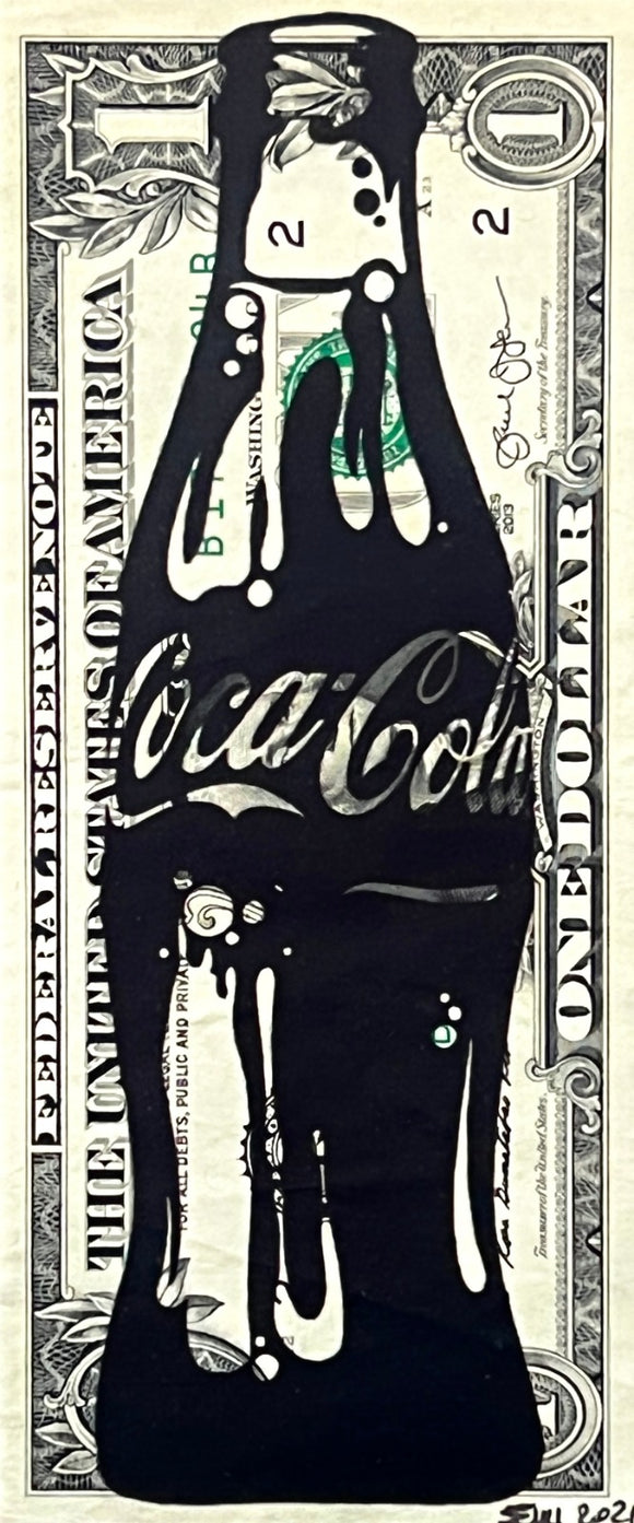 Emi, Coca in Black, Acrilico e stampa su Dollaro USA - 1$, 15,6x4,6 cm