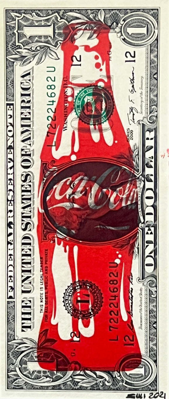 Emi, Coca in Red, Acrilico e stampa su Dollaro USA - 1$, 15,6x4,6 cm