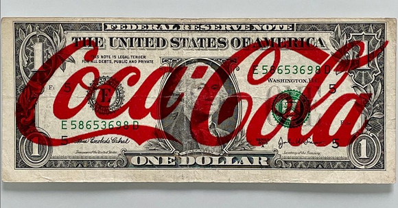 Emi, Cola in Red, Acrilico e stampa su Dollaro USA - 1$, 15,6x4,6 cm