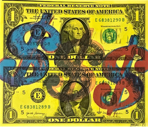 Emi, III Andy Dollar FLUO, Acrilico e stampa su Dollaro USA - 1$+1$, 15,6x13,2 cm