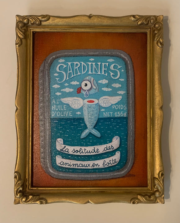 Le Moschine, Sardina Alata dalla serie La Solitudine degli animali in scatola, pittura acrilica su cartone telato, 21x15 cm