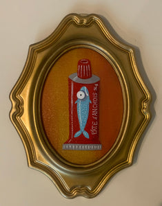 Le Moschine, Pasta d'Acciughe dalla serie La Solitudine degli animali in scatola, pittura acrilica su cartone telato, 18x13 cm