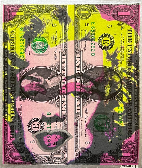 Emi, Marilyn in V, Acrilico e stampa su Dollaro USA - 1$+1$, 15,6x13,2 cm