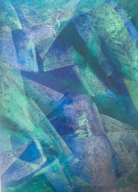 Milo Cattaneo, Astratto Azzurro e Verde, pastelli su carta, 23,9x32,9 cm