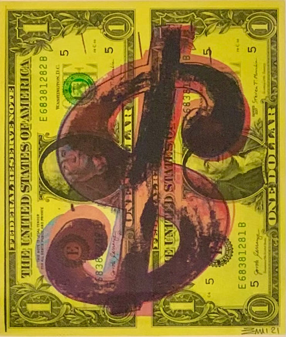 Emi, One Andy Dollar FLUO, Acrilico e stampa su Dollaro USA - 1$+1$, 15,6x13,2 cm