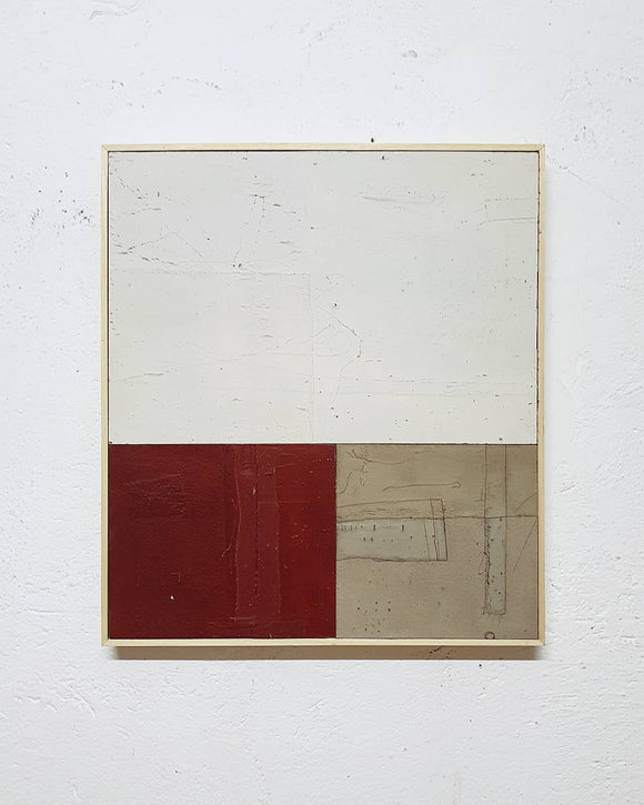 Andrea Balzano, Astratto Bianco, rosso e beige, Acrilico, legno e materiali di riciclo, 68x76 cm