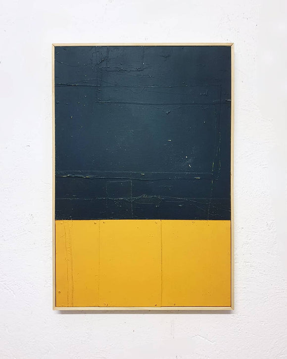 Andrea Balzano, Astratto Giallo e blu , Acrilico, legno e materiali di riciclo, 63x93 cm