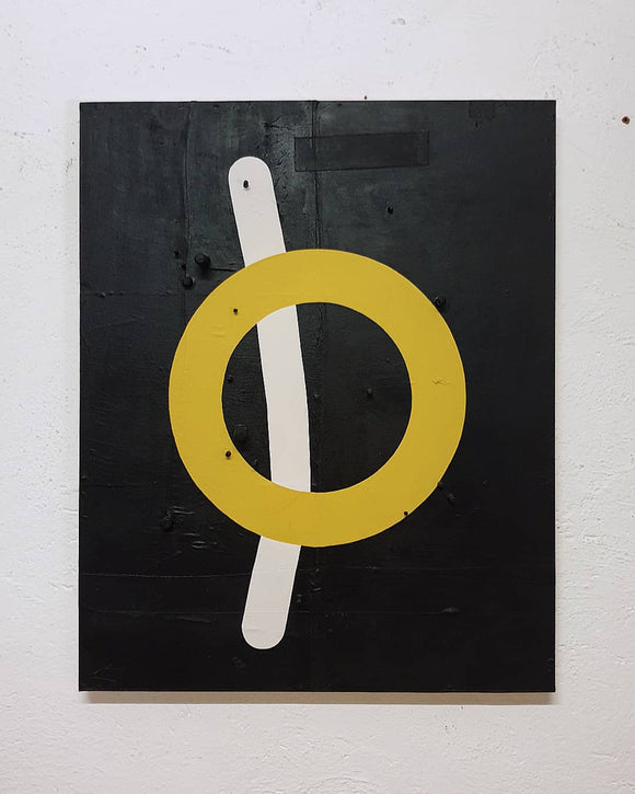 Andrea Balzano, Yellow Circle , Acrilico, legno e materiali di riciclo, 83x104 cm