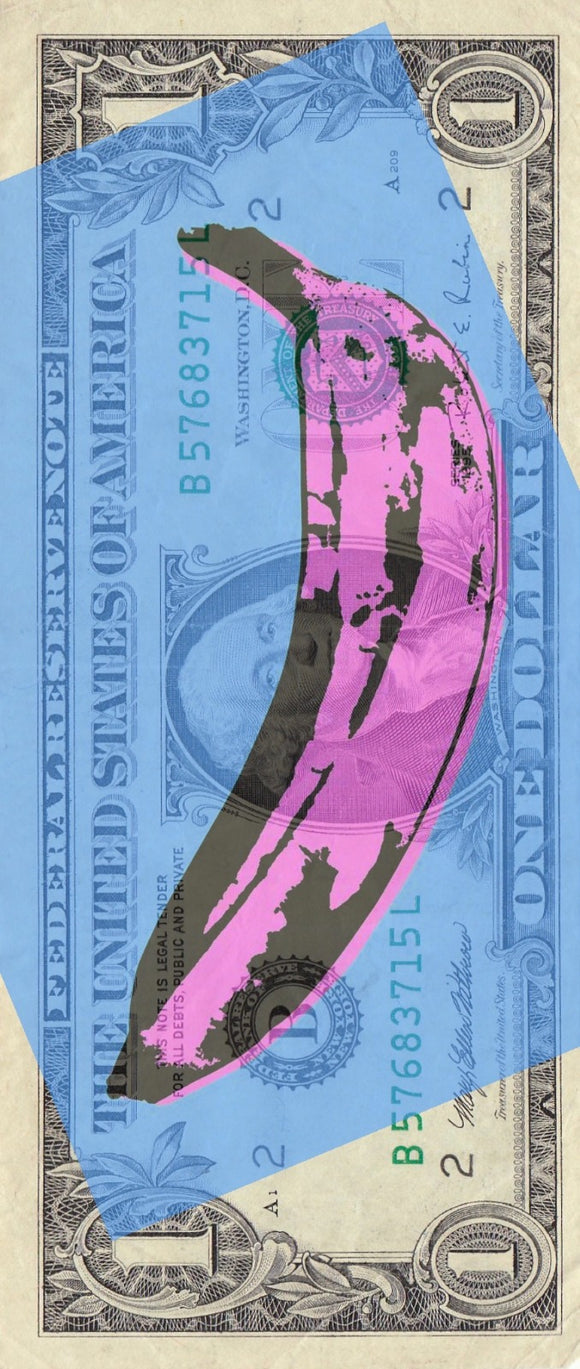 Emi, Pink Banana, Acrilico e stampa su Dollaro USA - 1$, 15,6x4,6 cm