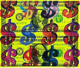 Emi, XII Andy Dollar FLUO, Acrilico e stampa su Dollaro USA - 1$+1$, 15,6x13,2 cm