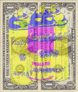 Emi, Yellow Spray, Acrilico e stampa su Dollaro USA - 1$+1$, 15,6x13,2 cm