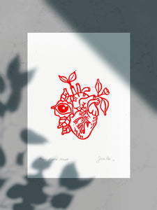 Susi Lee, Cuore rosso, Linoleografia su carta, 21x29 cm