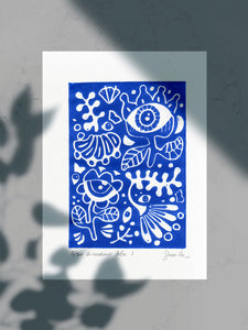 Susi Lee, Giardino Blu I, Linoleografia su carta, 19x28 cm