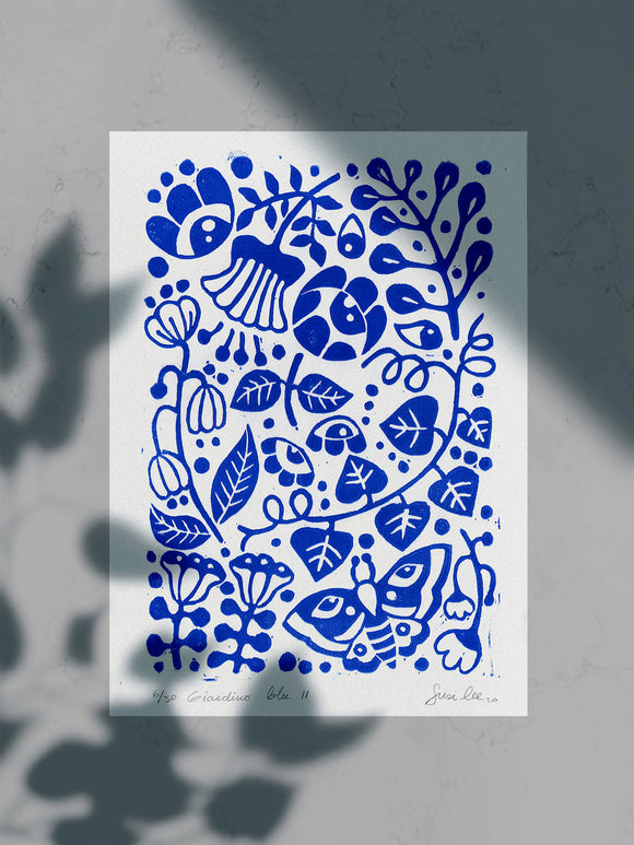 Susi Lee, Giardino Blu II, Linoleografia su carta, 34x24 cm